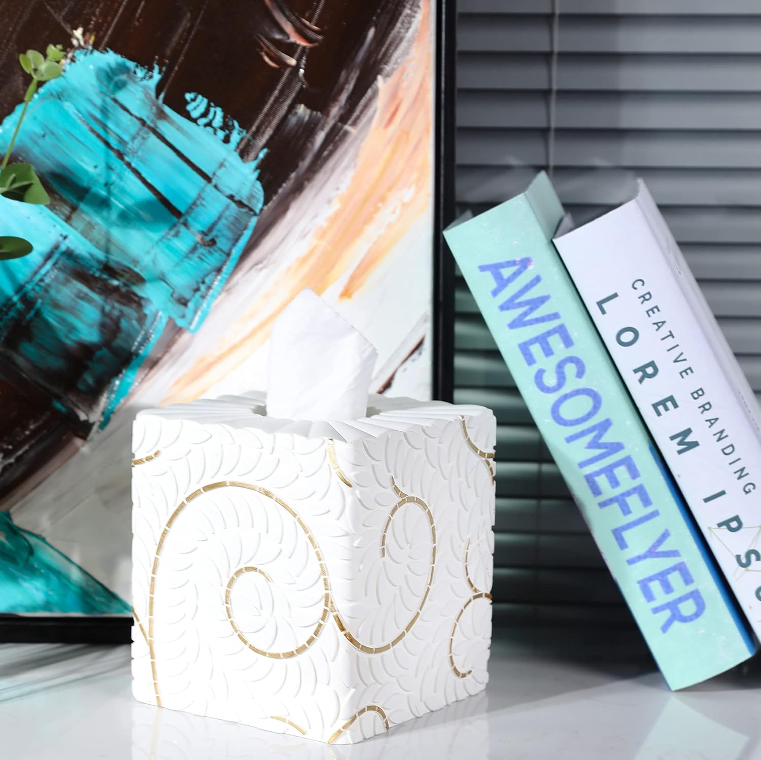 Modern Square Tissue Box Cover Holder / Leaf White
