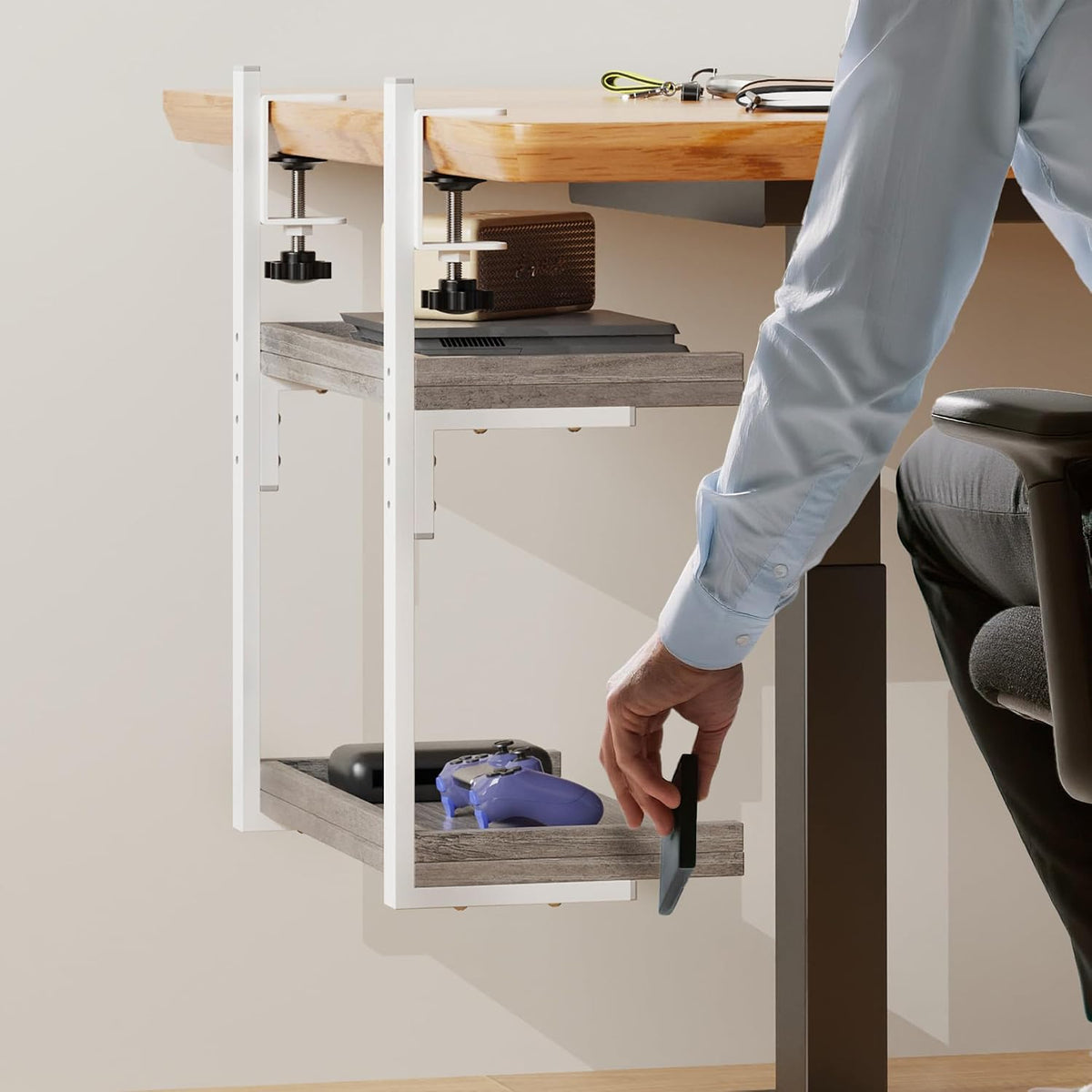 Clamp On Desk Shelf 2-Tier, Wood Shelving Unit for Office Desk/Gaming Accessories, Tabletop Book Storage Rack, Shelf