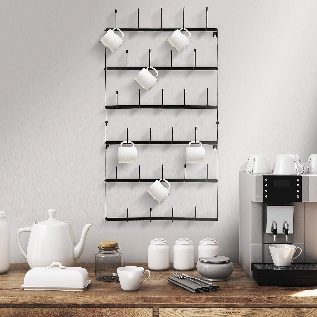 Sorbus Wall Mug Rack, Coffee Mug Display for Coffee Station (Large, Black) | Rustic six-tier metal holder with hooks