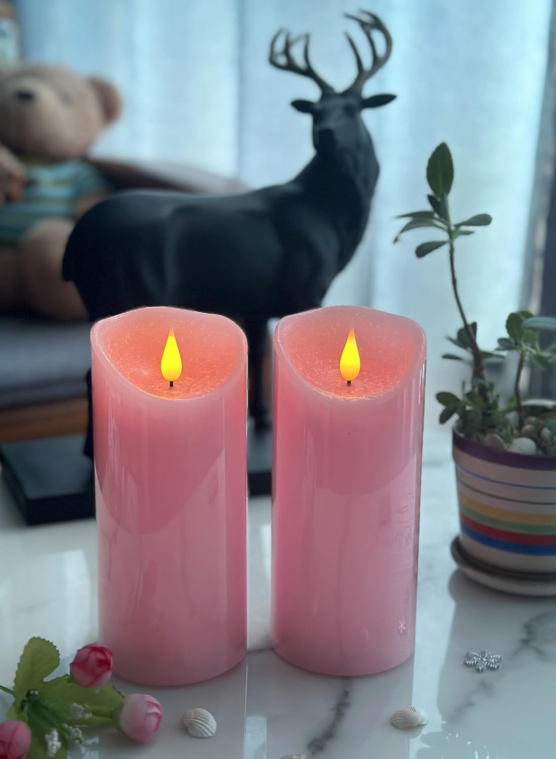 Adoria Large Pink Flameless Candles Pack of 2, 7 inch Height | Pink Pillar candles set 2 Rose Scented, Home Decor