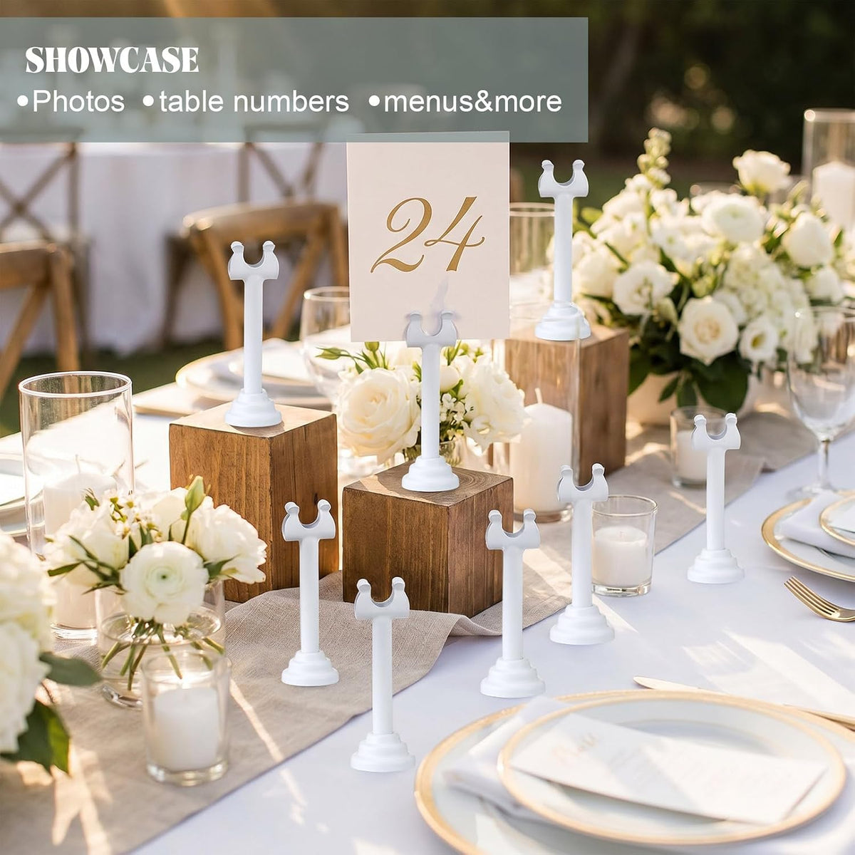 24 Pcs White Metal Table Number Holders 3.15 Inch Wedding Place Card Holders Bulk Harp Clip Table Sign Stands Card