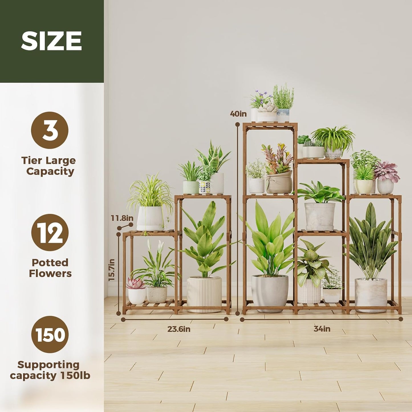 Bamworld 2 Sets Plant Stands Indoor Tall Shelves Outdoor for Multiple | Flowers 10 Pots Wooden Rack for Living Room