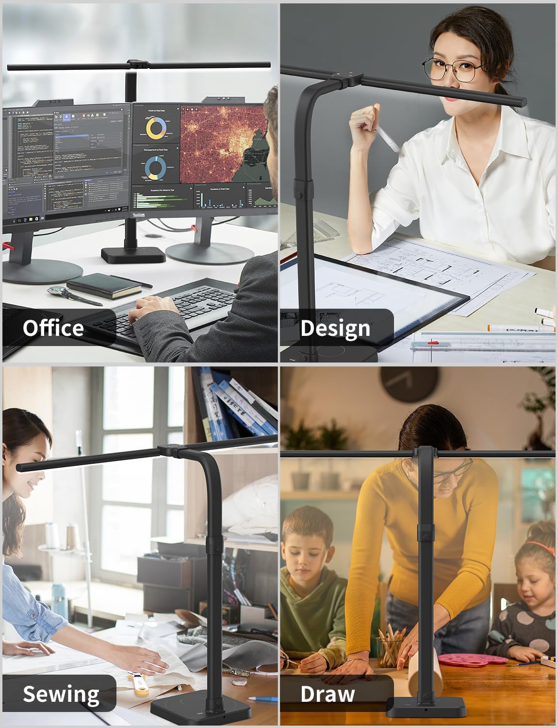 AKRRYR LED Desk Lamp for Home Office, Double Head 24W with Base, Architect Light 5 Lighting Brightness Flexible