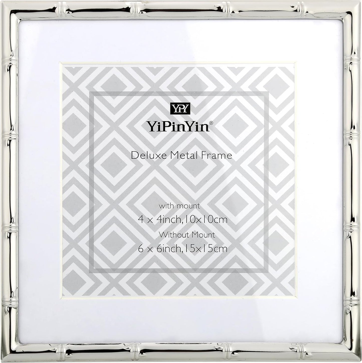 YiPinYin 6x6'' Bamboo Detail Sqaure Silver Metal Picture Frame With Mat for 4x4'' Set of 2, Narrow Silver Plated Photo