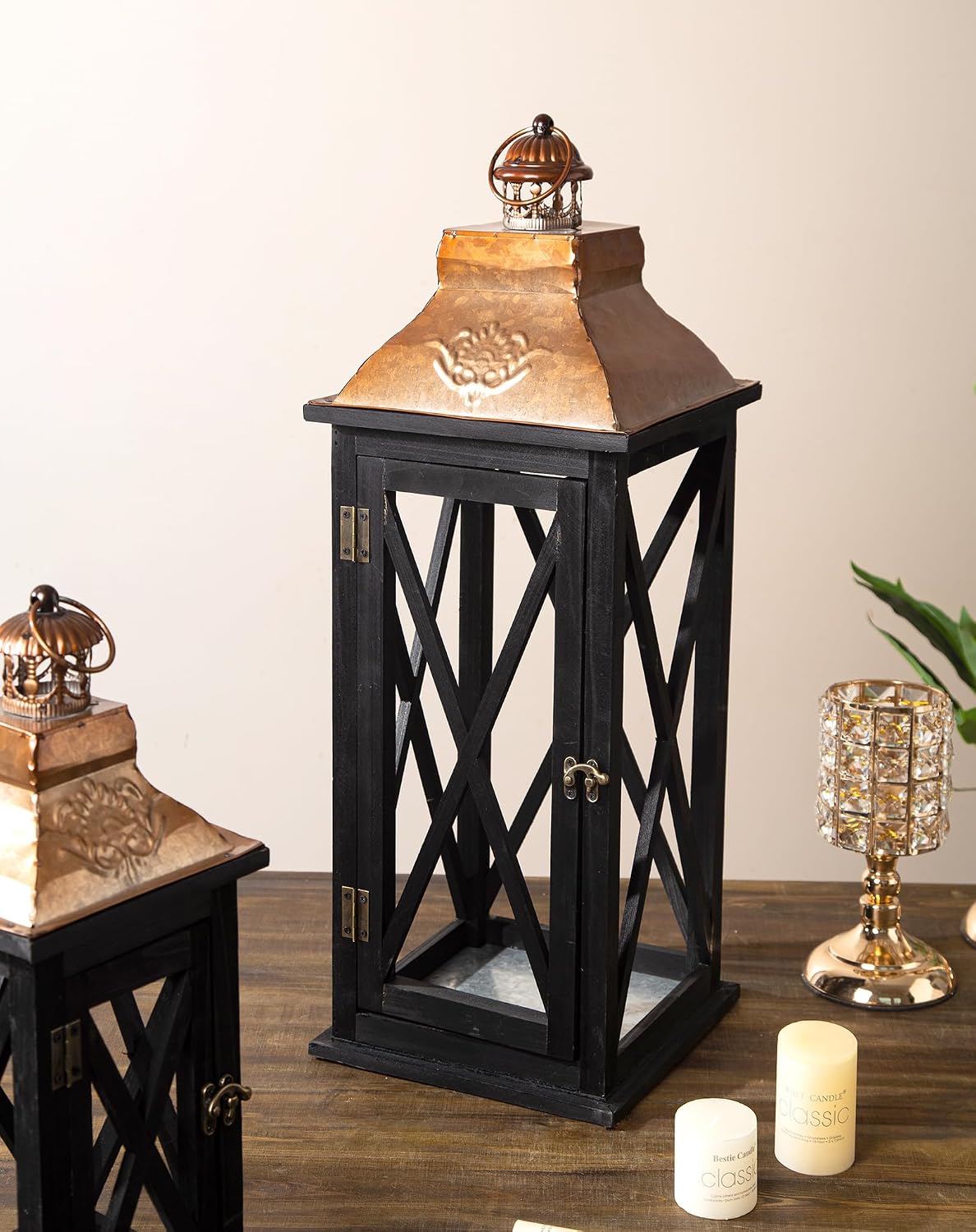 Large Farmhouse Wooden Lanterns with Metal Top, Decorative Floor Lanterns Set of 2, Black Frame with Rustic Gold