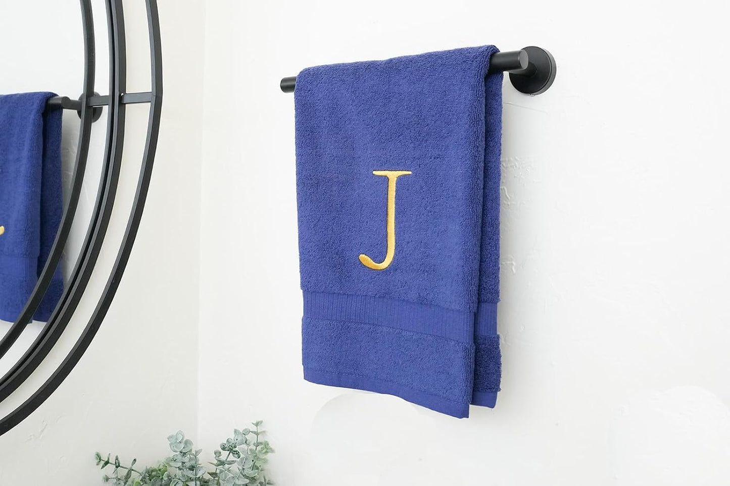 Navy with Gold Monogrammed Hand Towels for Bathroom - Set of 2 Letter J | Luxury Hotel Quality Initial Towels For