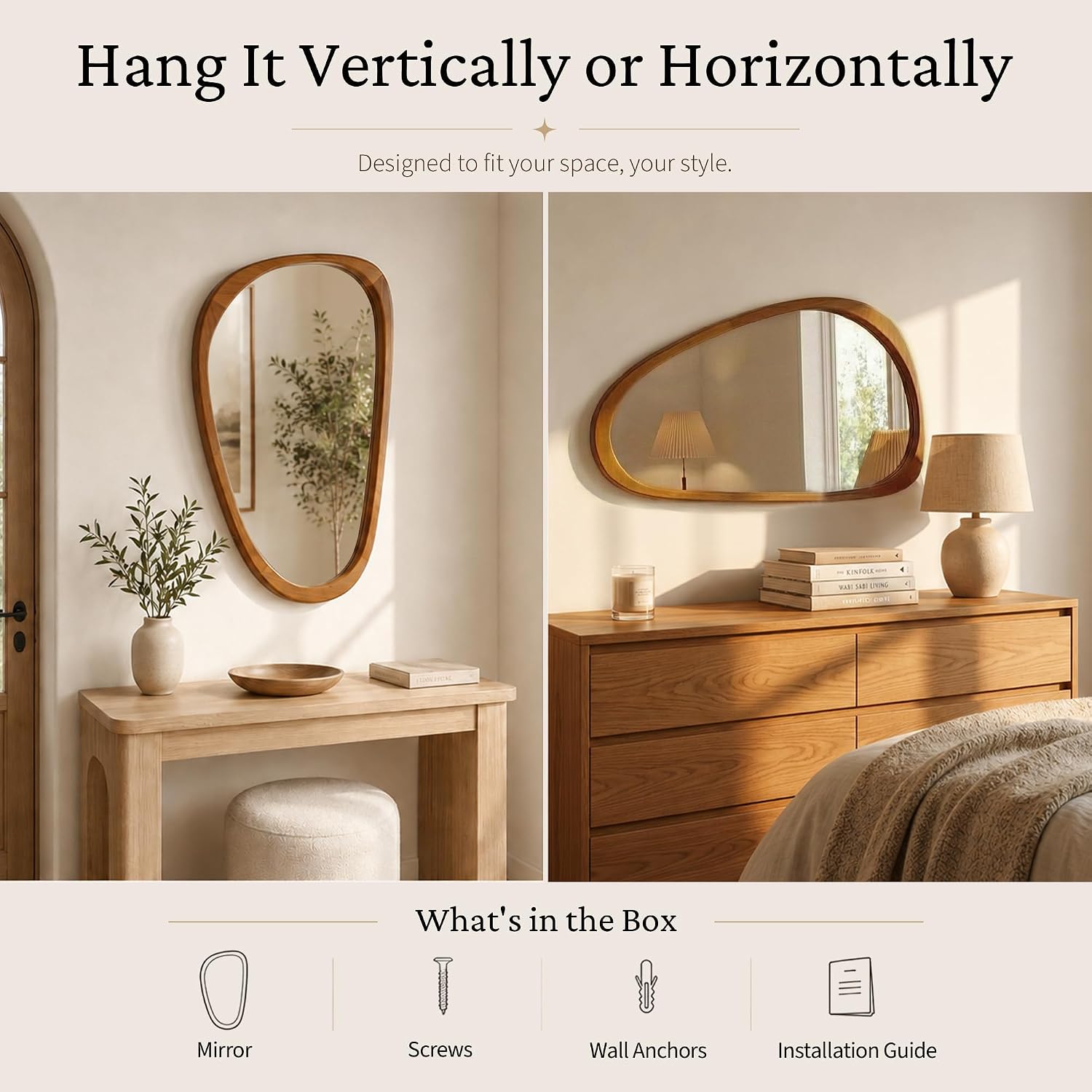 Solid Wood " Irregular Asymmetrical Mirror / Walnut / 30"L x 20"W / Natural / 30 x 20
