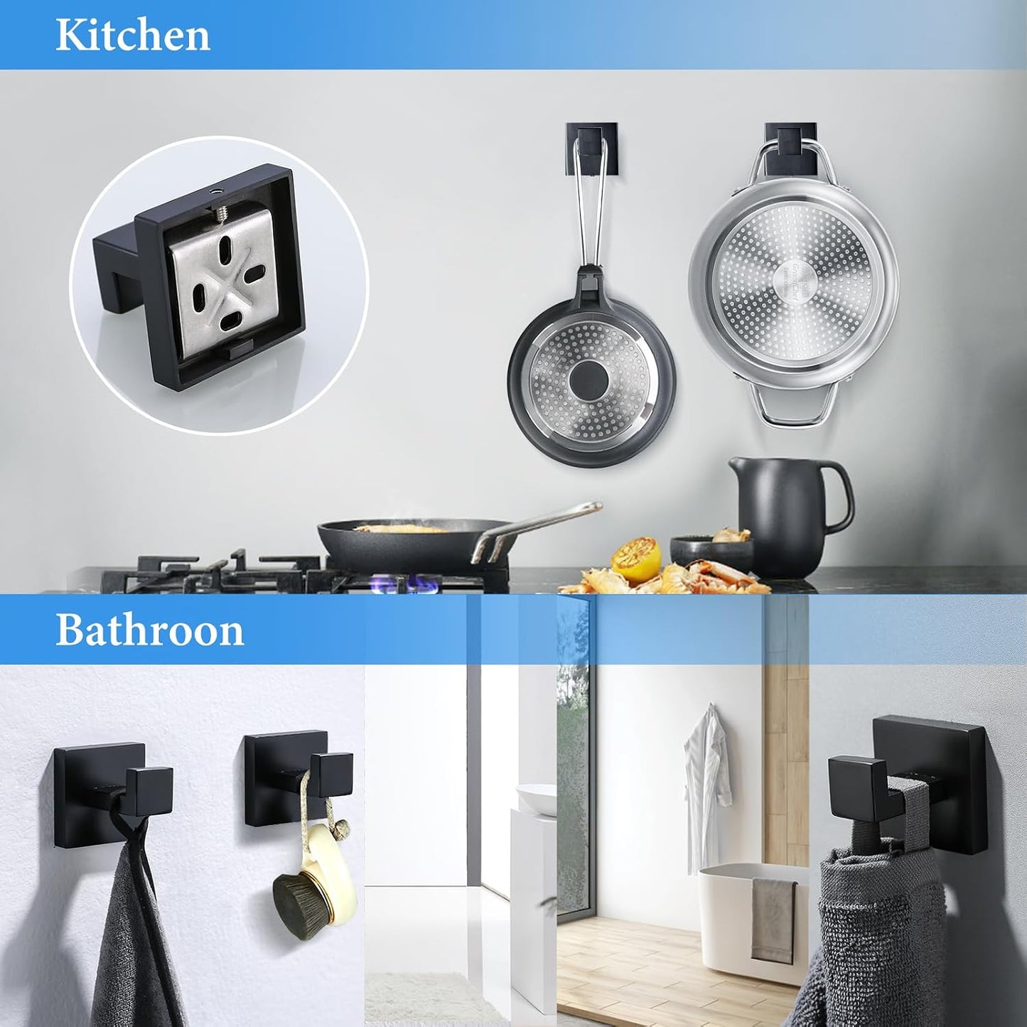 6-Piece Black Bathroom Hardware Set 23.6 Inch Towel Bar Set Double Towel Bar Towel Ring Coat Hook and Toilet Paper