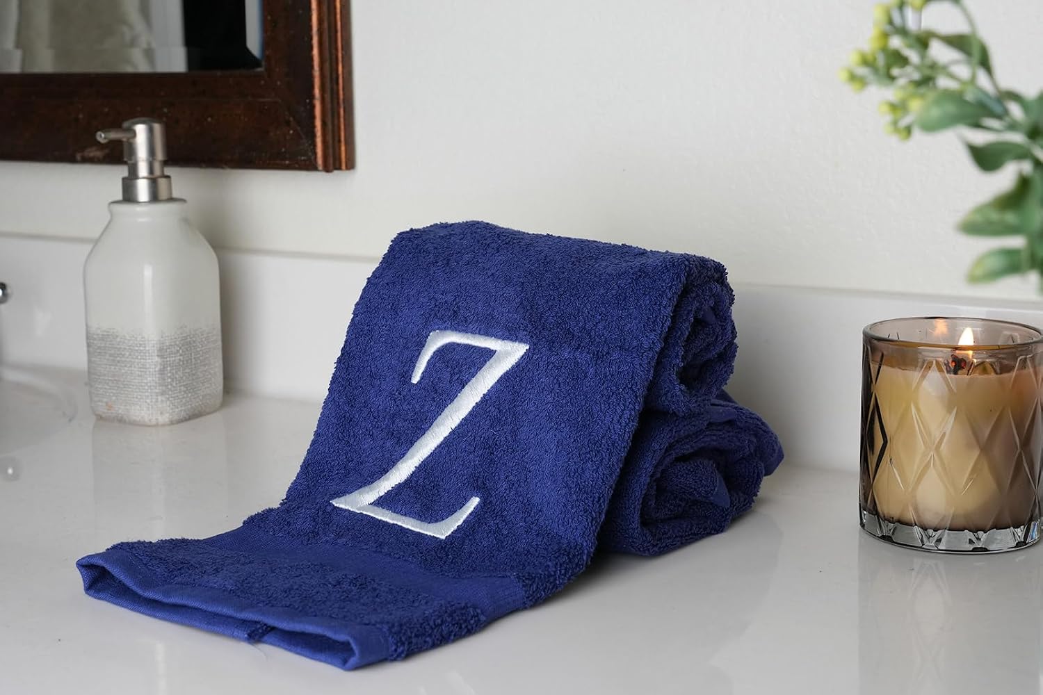Navy with White Monogrammed Hand Towels for Bathroom - Set of 2 Letter Z | Luxury Hotel Quality Initial Towels For