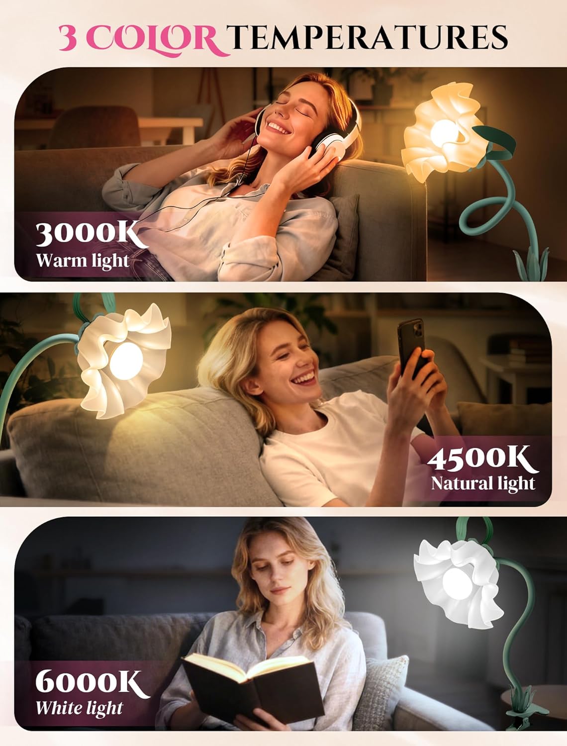 Clip On Flower Lamp for Bedroom, Aesthetic Bedside Reading Light with Flexible Gooseneck, 3 Color Modes Cute Desk Lamp