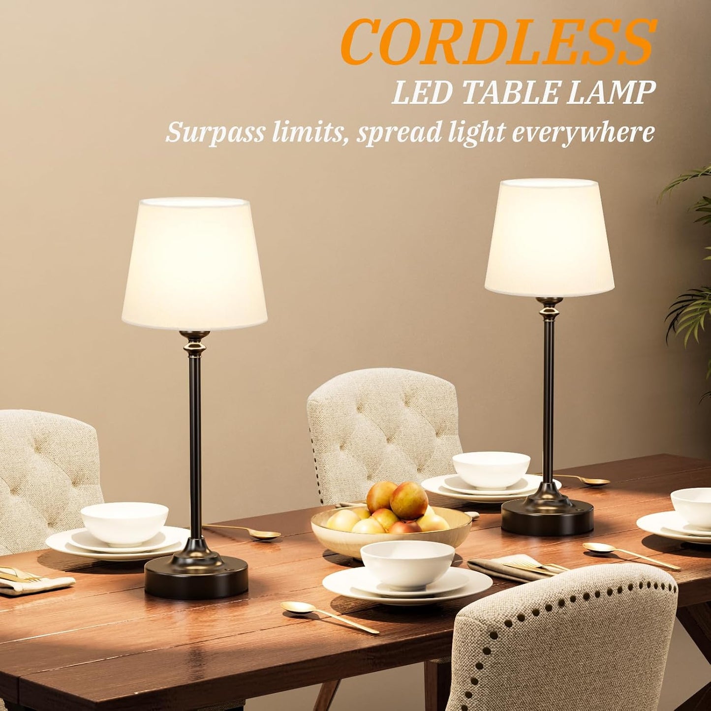 Cordless Table Lamps Rechargeable Set - 2 Pack Black 4000mAH Battery Operated Lamps for Decor, 3000K Stepless Dimming