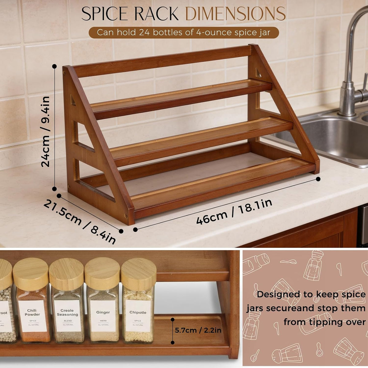Bamboo 3 Tier Spice racks, Kitchen Seasoning Spices Rack, Spice Organizer, Suitable for Spice Organizers Such as
