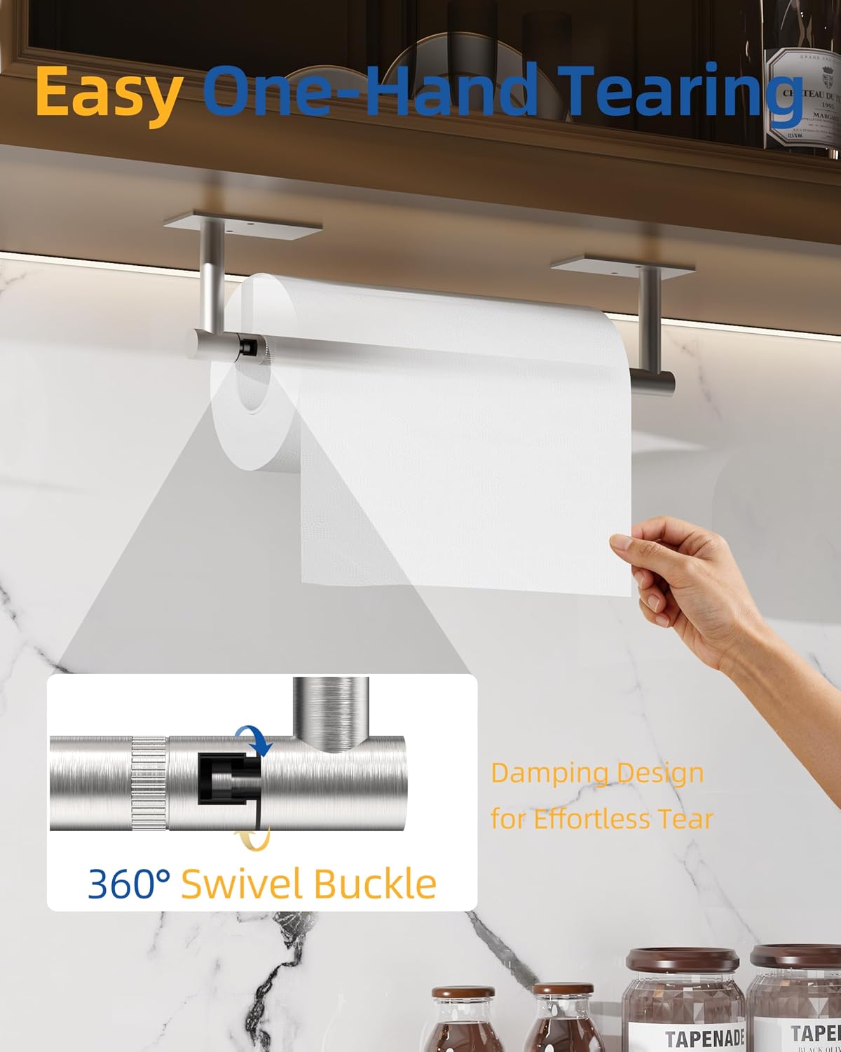 RUACQ Paper Towel Holder Under Cabinet, Stainless Steel, Silver | Drill Wall Mount or Adhesive, Square Base