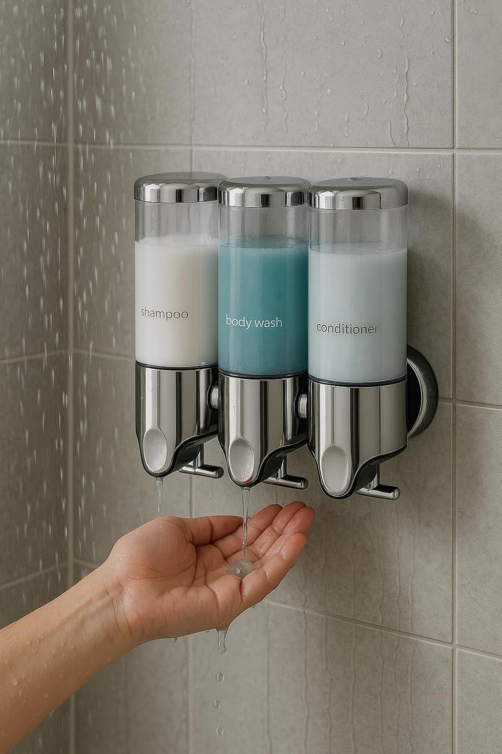 Stainless Steel Drill Free Triple Wall Mount Soap Dispenser Set Shower Bathroom Pump, 3 x 500ML Shampoo Conditioner