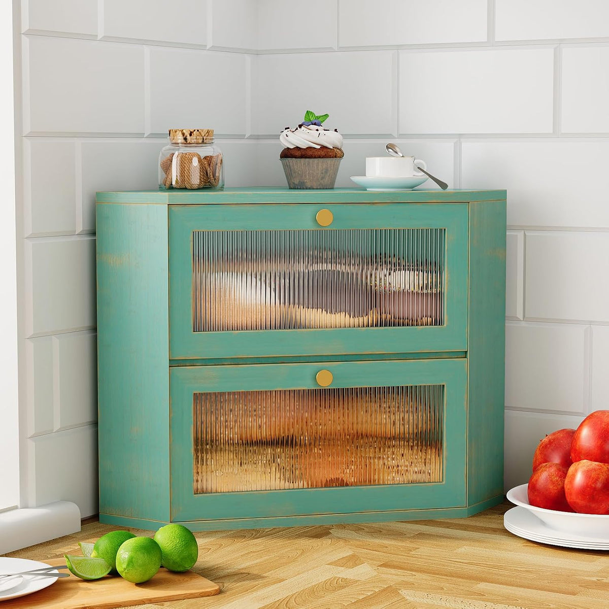 Trironsun Corner Bamboo Bread Box for Kitchen Counter Double Layer Bread Storage Container Large Capacity Bread Storage