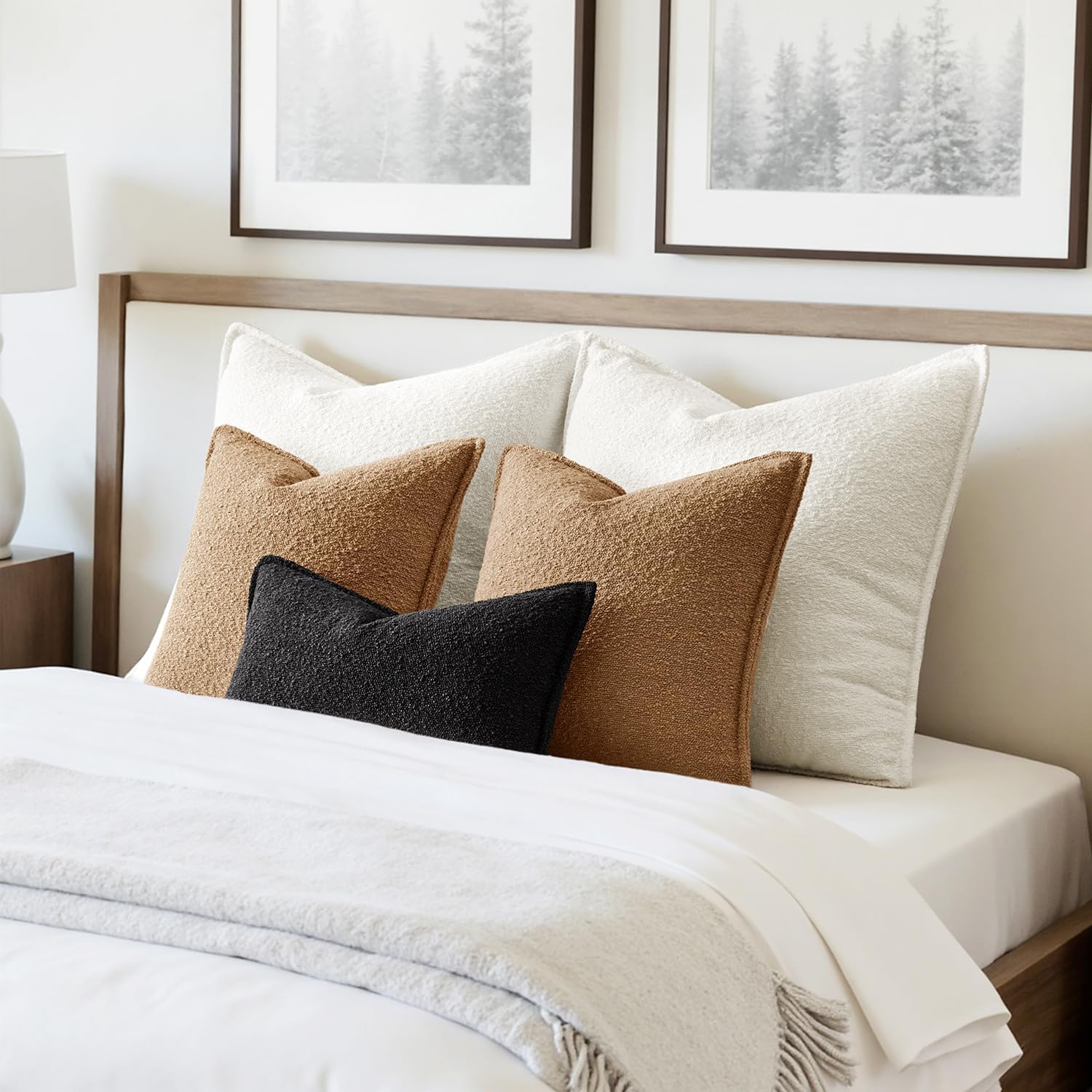 Decorative Textured Boucle Throw Pillow Covers Broadside Thick Boho / 18 x 18 / Brown / Set of 2