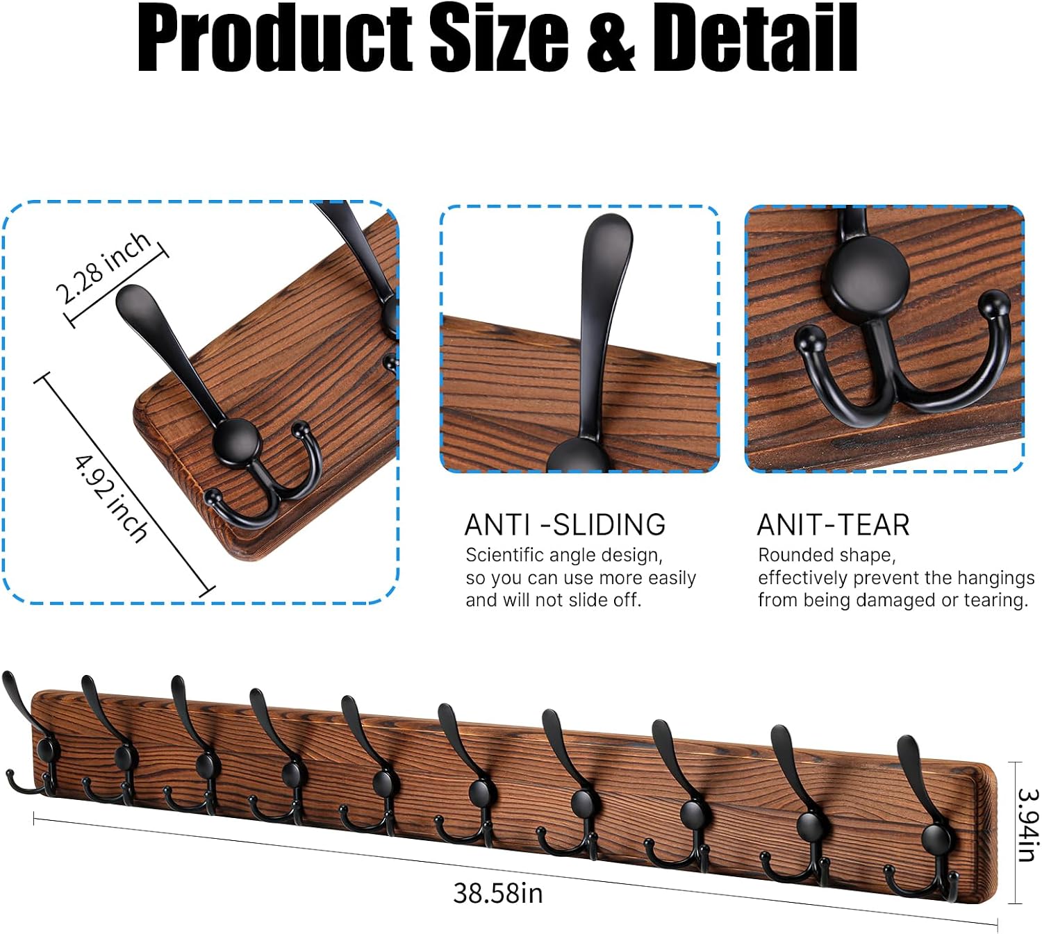 Gohiuo Rustic 38.6" Large Coat Rack Wall Mount, Long Wood Coat Hooks with 10 Triple Hooks, Heavy Duty Wooden Coat
