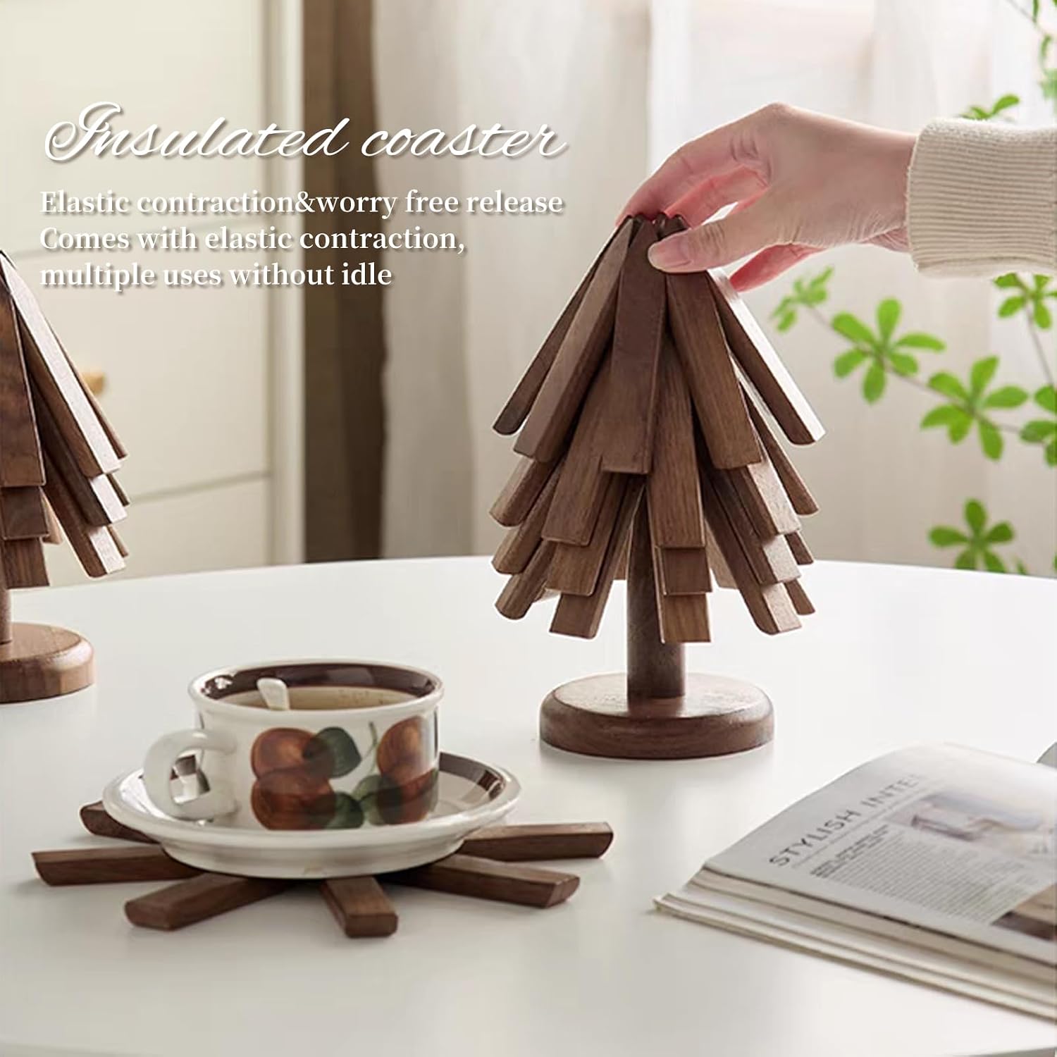 Trivets for Hot Dishes, 4 Artful Foldable Wooden Hot Pads for the Kitchen, Store as a Decorative Christmas Tree for