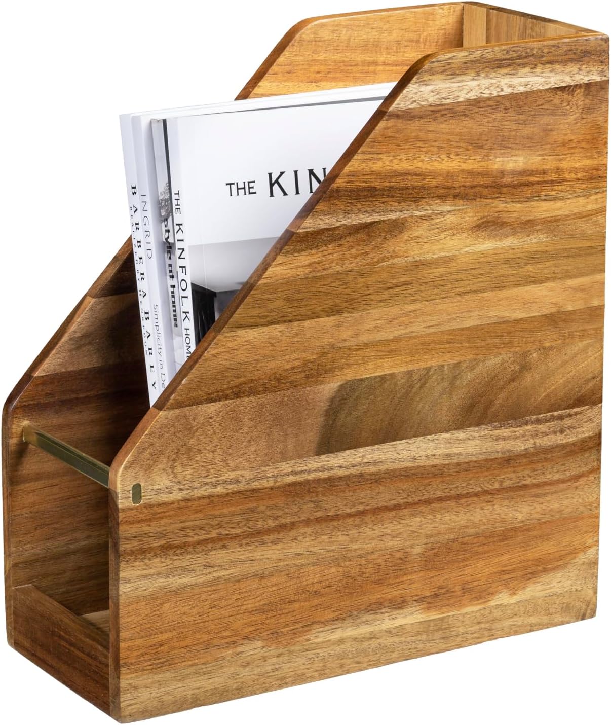 MyGift Premium Hotel Series Solid Acacia Wood Desktop Magazine File Holder Bin with Brass Tone Metal Accent, Vertical