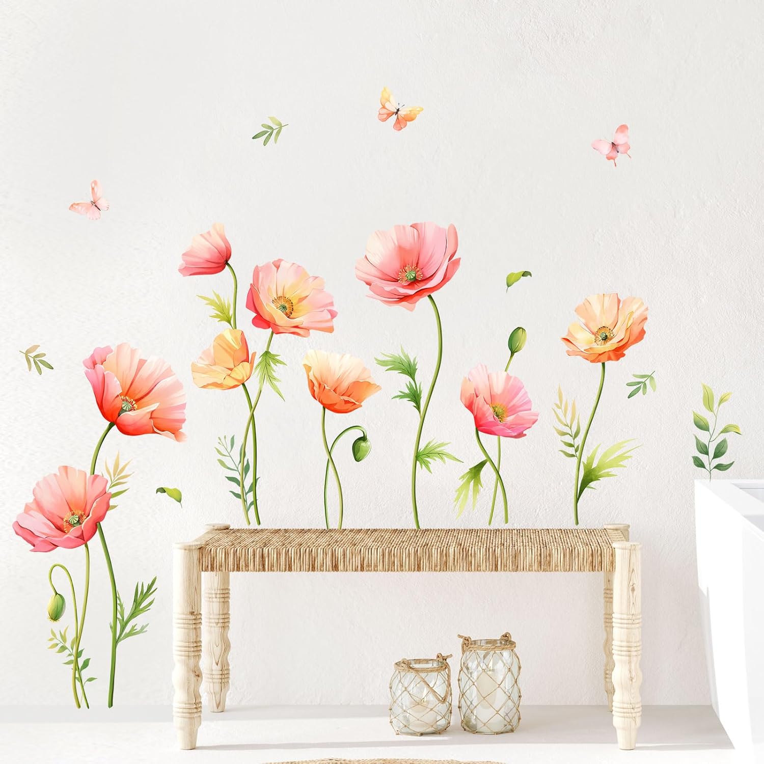 Large Floral Wall Decals Butterfly Wall Stickers Peel and Stick Autumn Floral / Poppy Flower / Pink