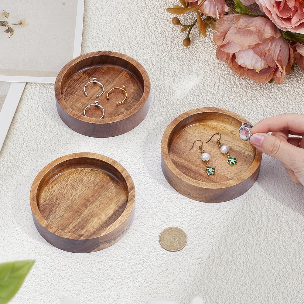 Wood Ring Tray Acacia Wood Decorative Jewelry Tray Small Tiny Bathroom / Round / 3.9 Inch / Set of 6
