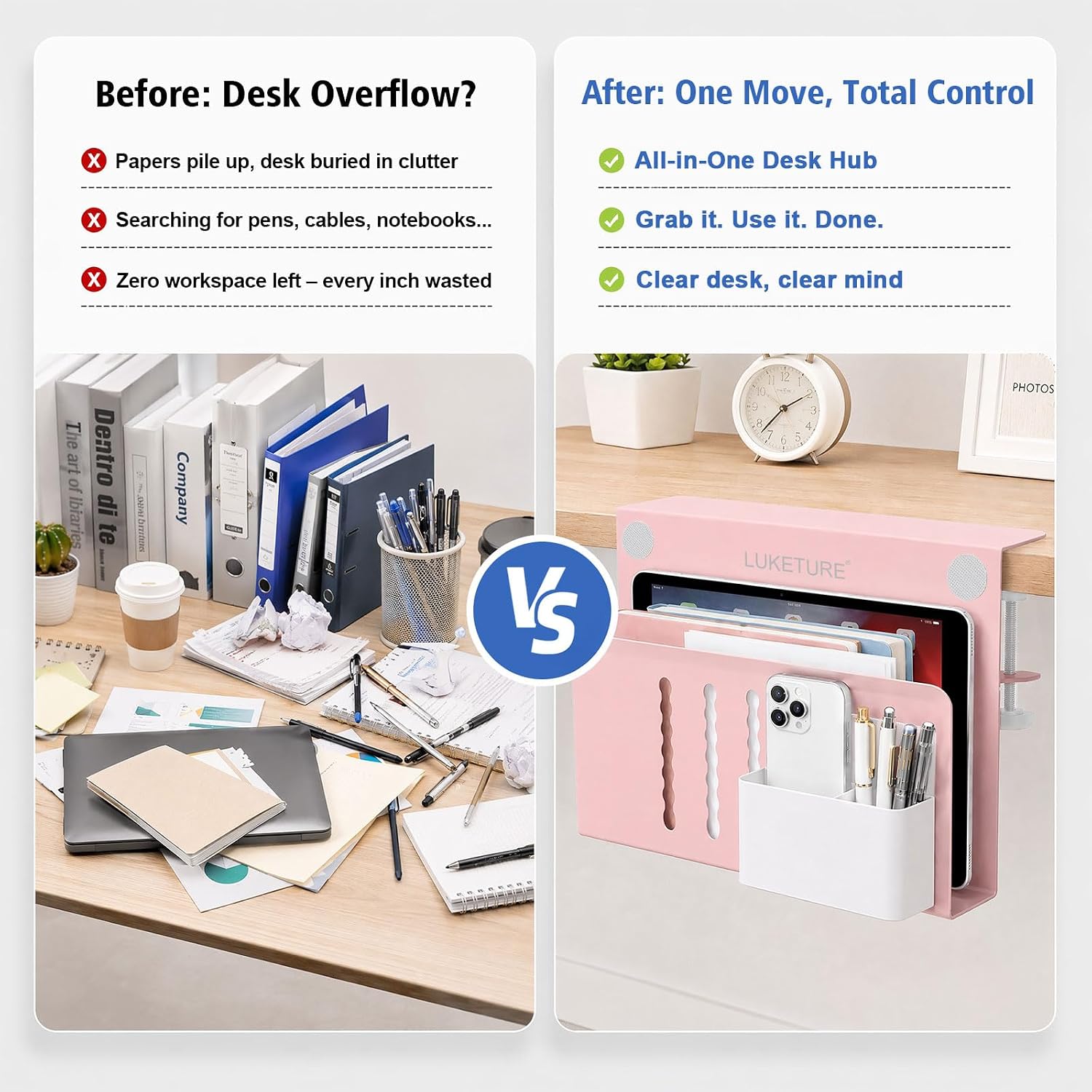 LUKETURE Desk Side Storage Laptop Holder No Drill Clamp On Organizer | Steel Side Desk Organizer, Clamp on Laptop Mount