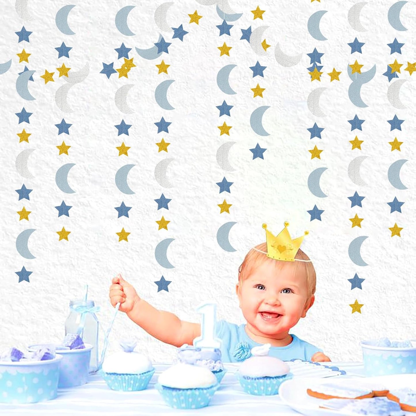 Blue-Gold Silver Party-Decorations Moon-Star Garland / Gold Silver Blue / 62 Inch