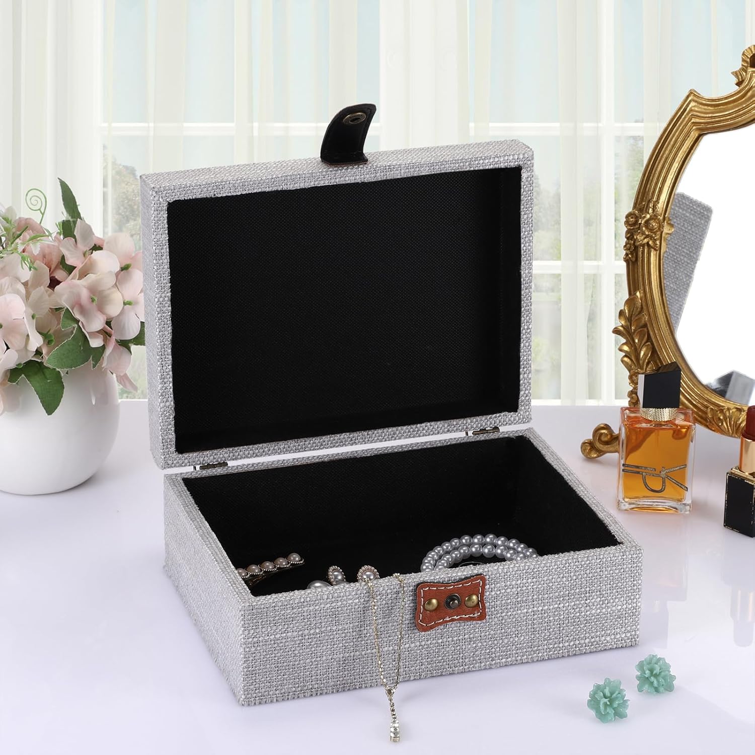 Linen Covered Treasure Chest for Women Gift Photo Organizer / Medium / Gray