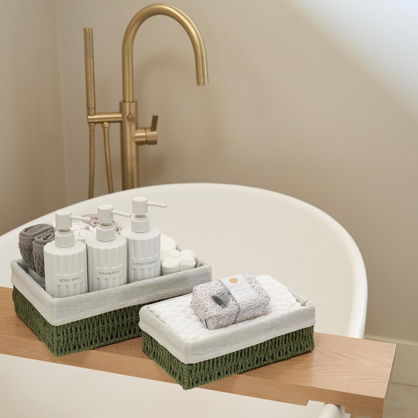 Decorative Wicker Bathroom Organizer for Toilet Tank Trays / Sage / Set of 2