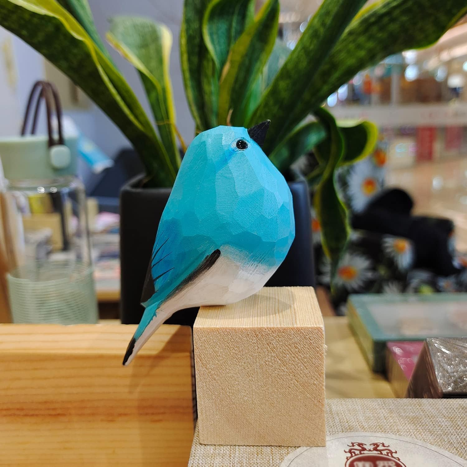 Hand carved wood bird statue / Blue Robin
