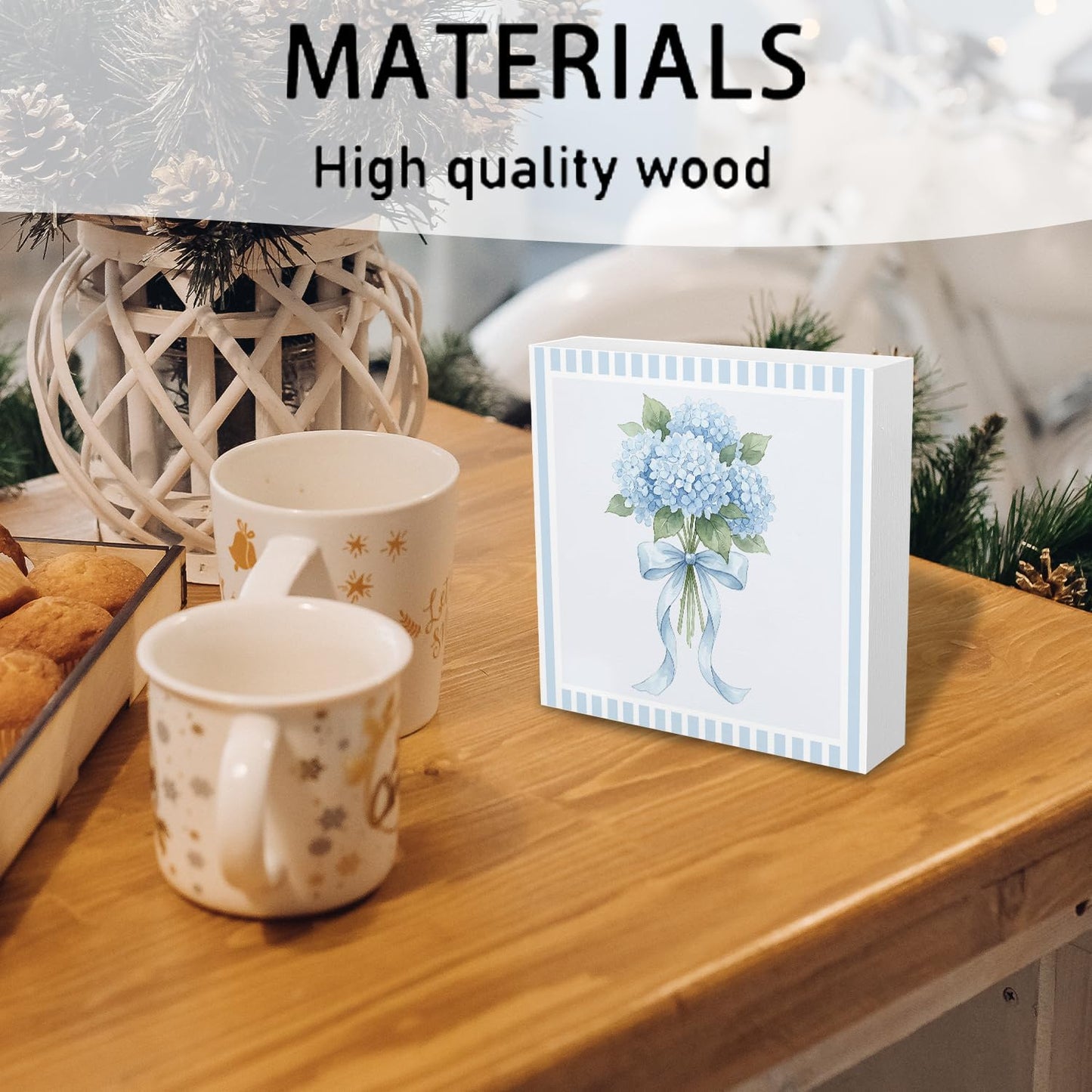 Light Blue Bow Hydrangea Wooden Box Sign / Flowers-blue Bow Hydrangea