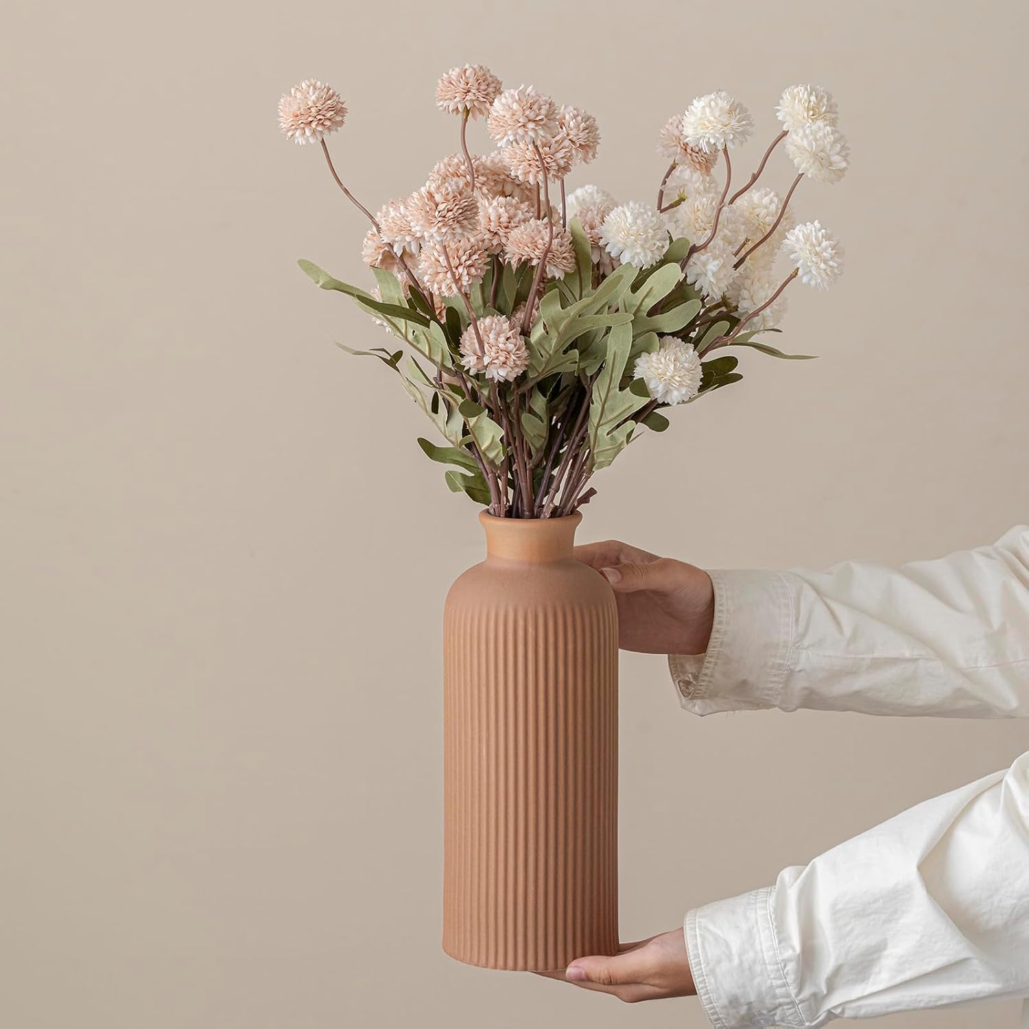 Ribbed Ceramic Vase for Flowers / Coffee / 10 Inch