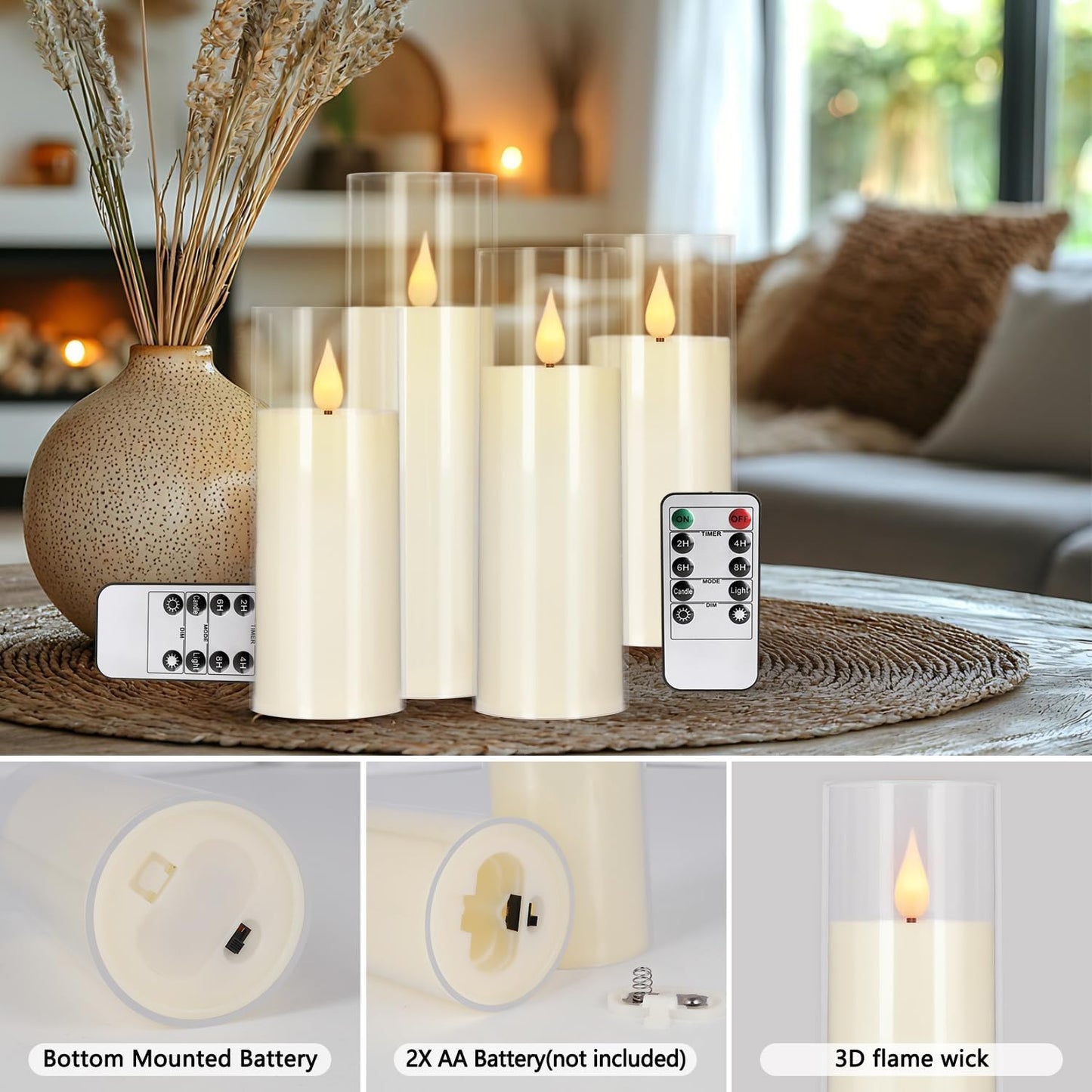 24-Pack LED Flameless Candles(14/16/18cm) with 4 Timers Remote - 3D Flickering Flame, Clear, Perfect Decor for Home &