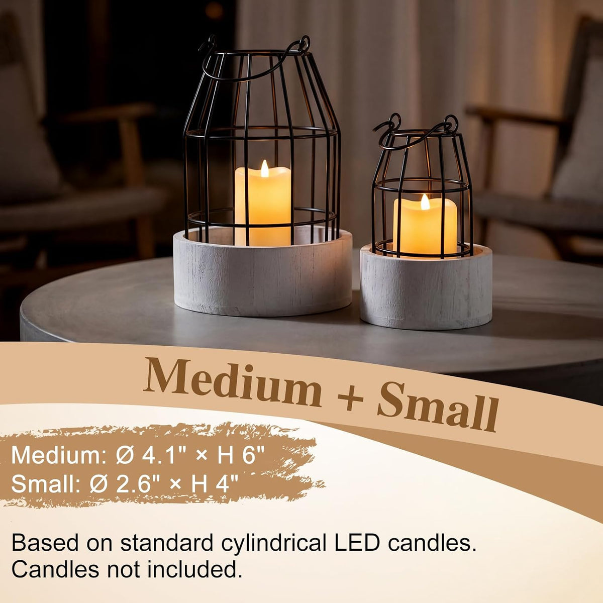 Modern Rustic Farmhouse Candle Lantern Set of 5, Small, Black, White | Decorative Lanterns Centerpieces with Tray for