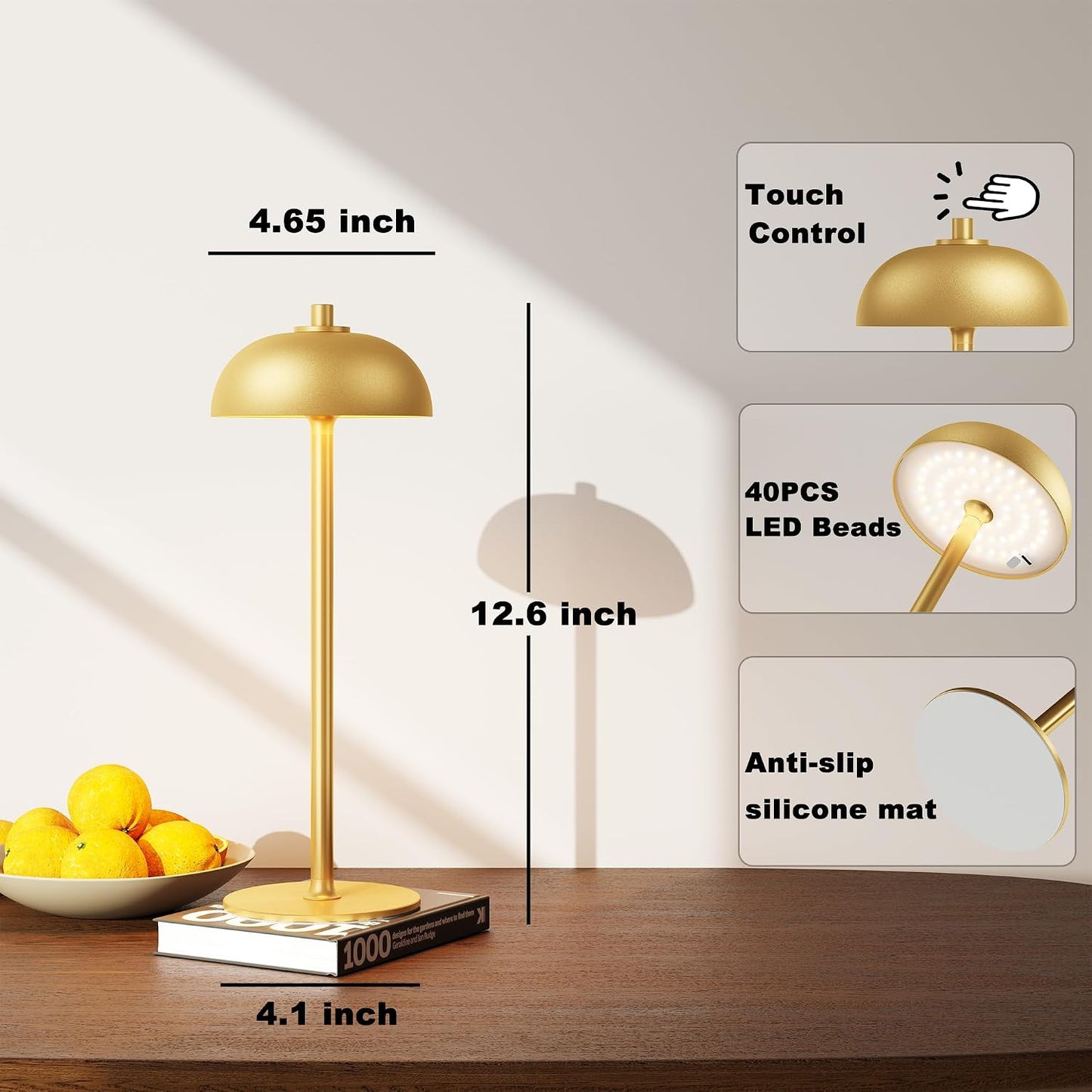 1 Pack Cordless Table Lamp Rechargeable, 5000mAh Battery Table Light | 3 Color Stepless Dimmable LED Table Lamp with