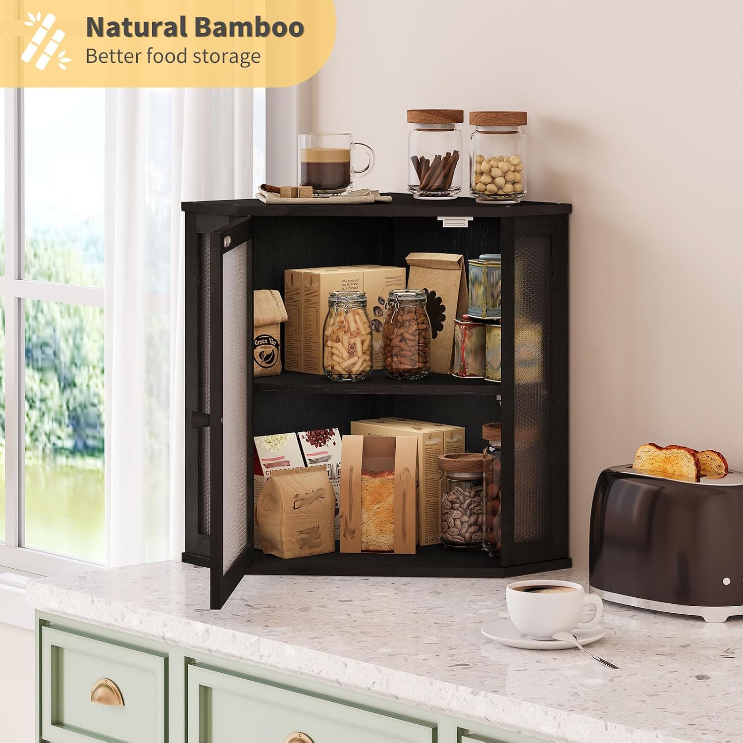 Corner Bread Box for Kitchen Countertop,Bread Storage for Homemade Bread, Double Layer Large Bamboo Kitchen Storage Bin
