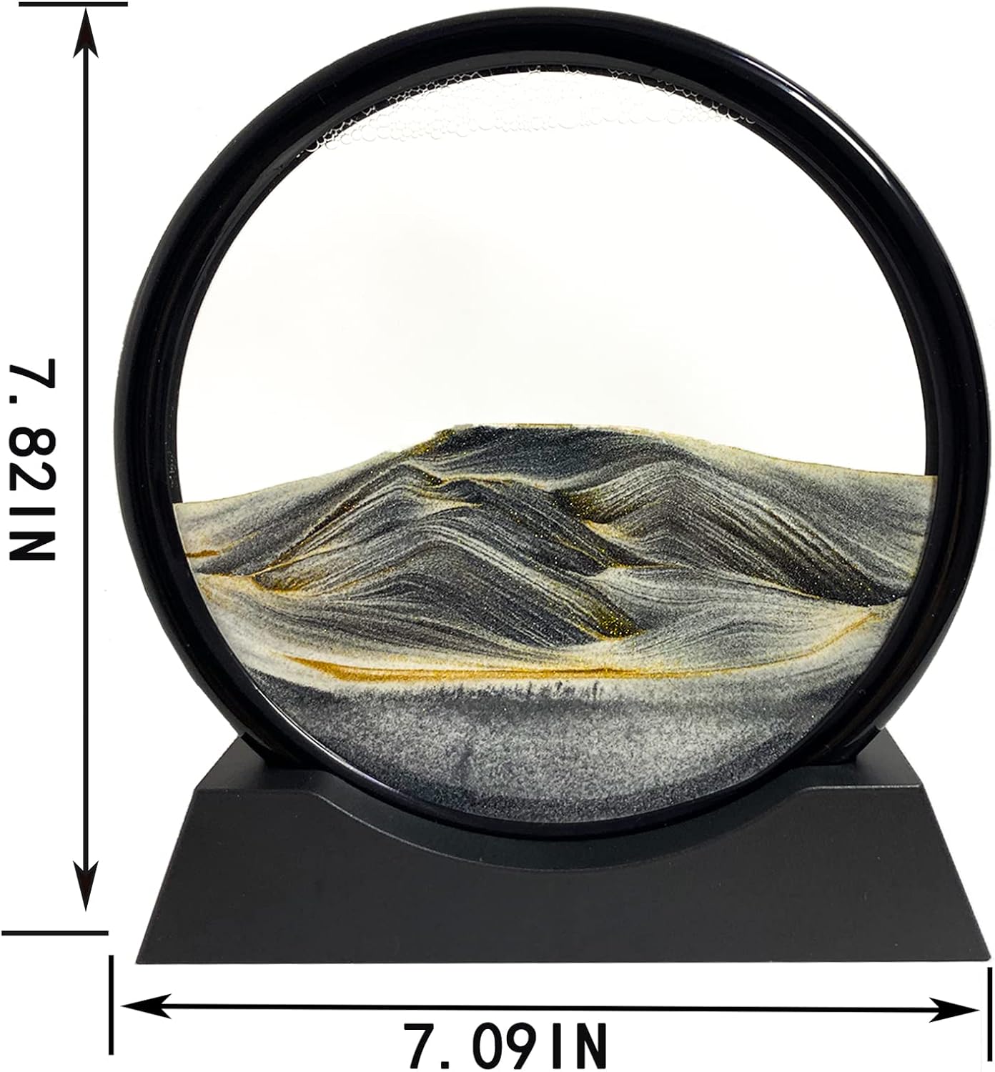 Round Glass Frame Display Flowing Sand / Black / 7 Inches