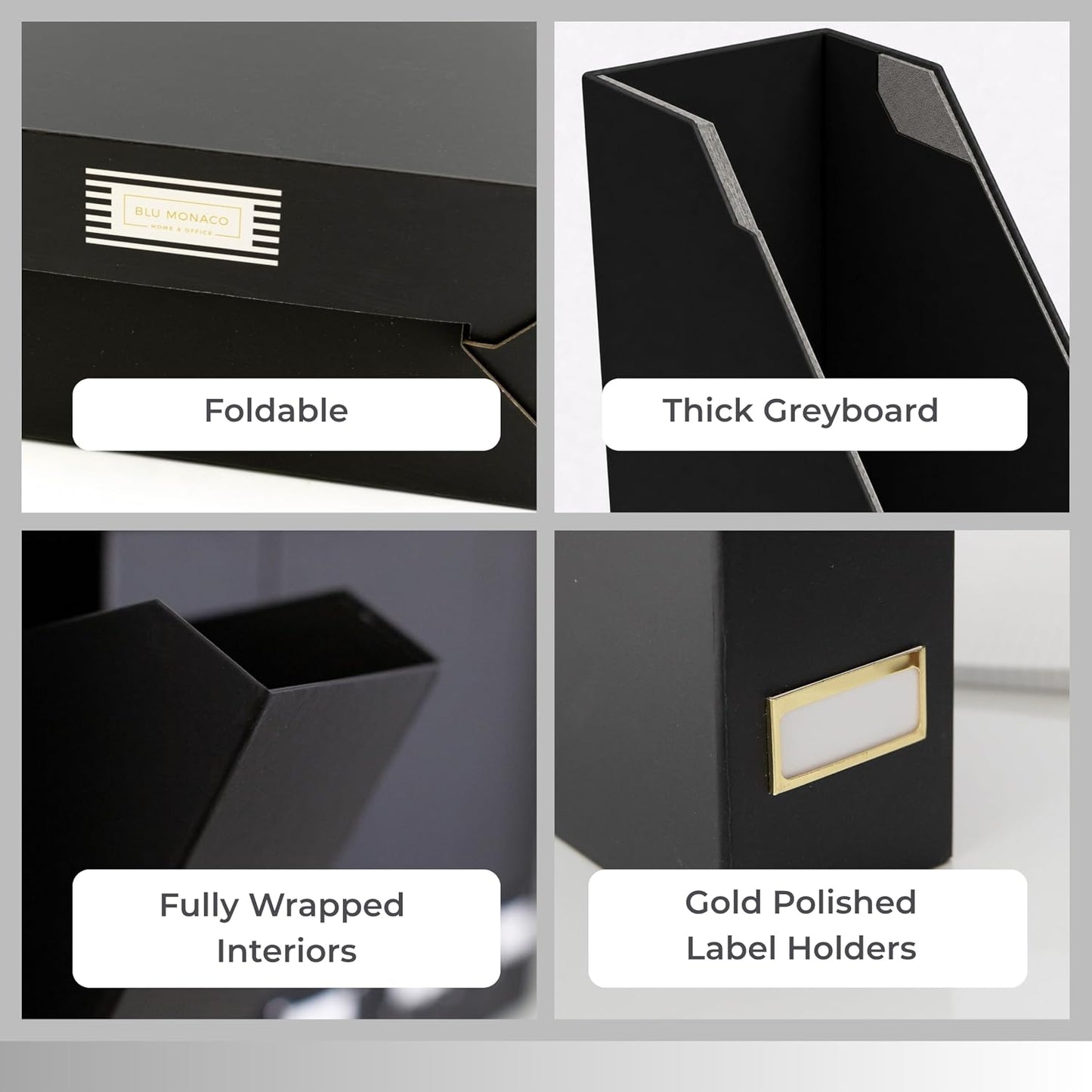 BLU MONACO | Cardboard Magazine File Holder Set of 6 Black | Vertical Magazine File Holder with Gold Label Slots