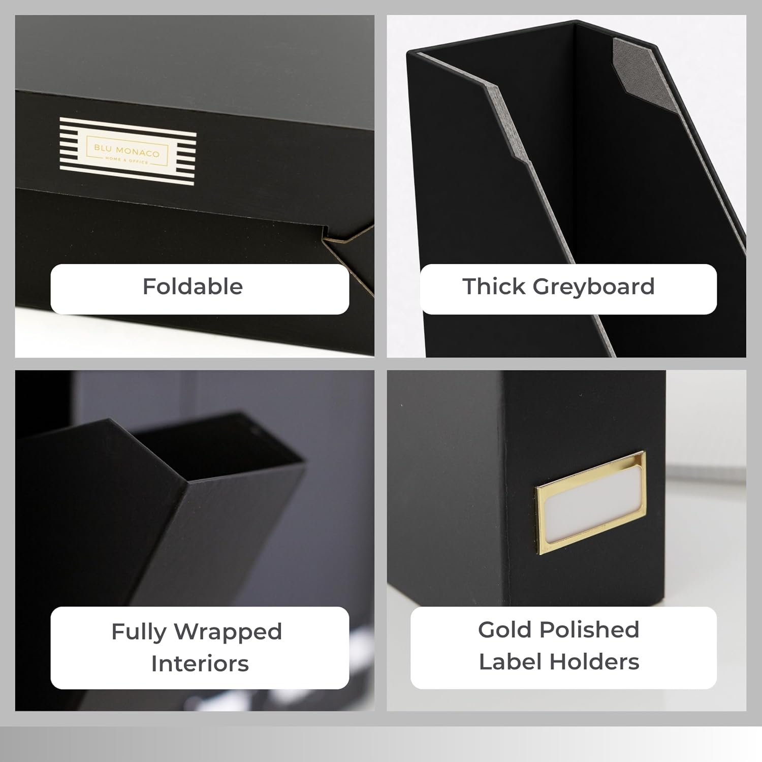 BLU MONACO | Cardboard Magazine File Holder Set of 6 Black | Vertical Magazine File Holder with Gold Label Slots