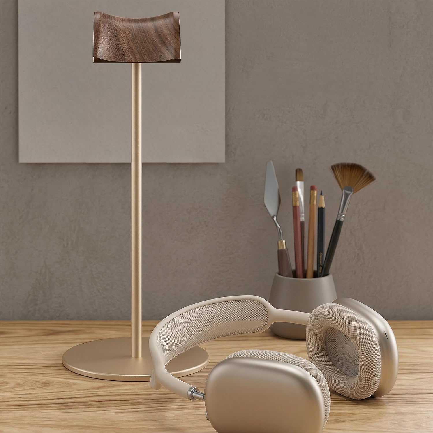 Headphone Stand, Walnut Wood & Aluminum Headset Stand, Nature Walnut Gaming Headset Holder with Solid Heavy Base for