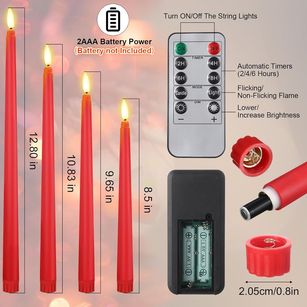 Rossesay 28 Pcs Flameless Taper Candles with Timer Remote 4 Sizes of 8.5", 9.6", 10.83", 12.8" LED Flickering Taper