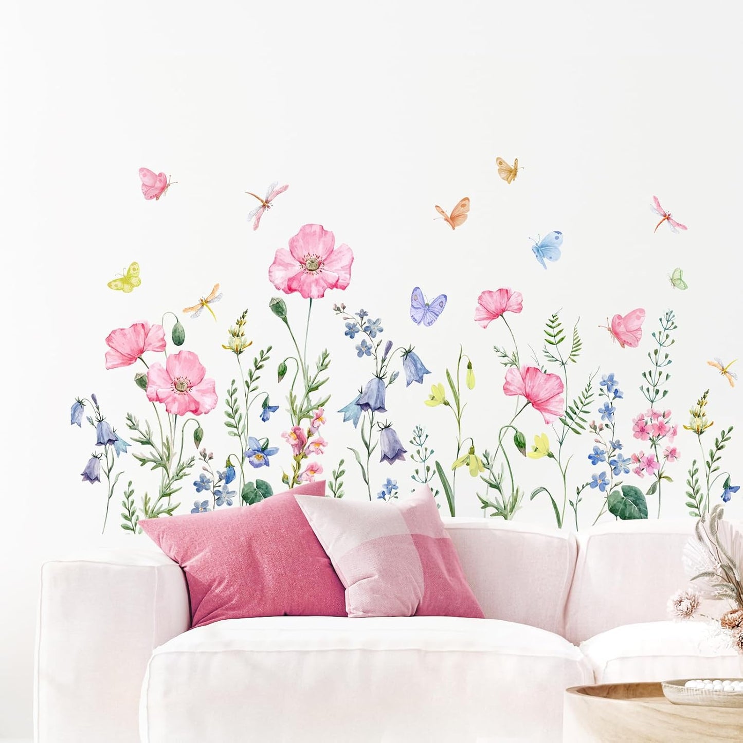 Watercolor Wildflower Wall Decals Colorful Garden Flower Grass Butterflies Wall / Pink Wildflower
