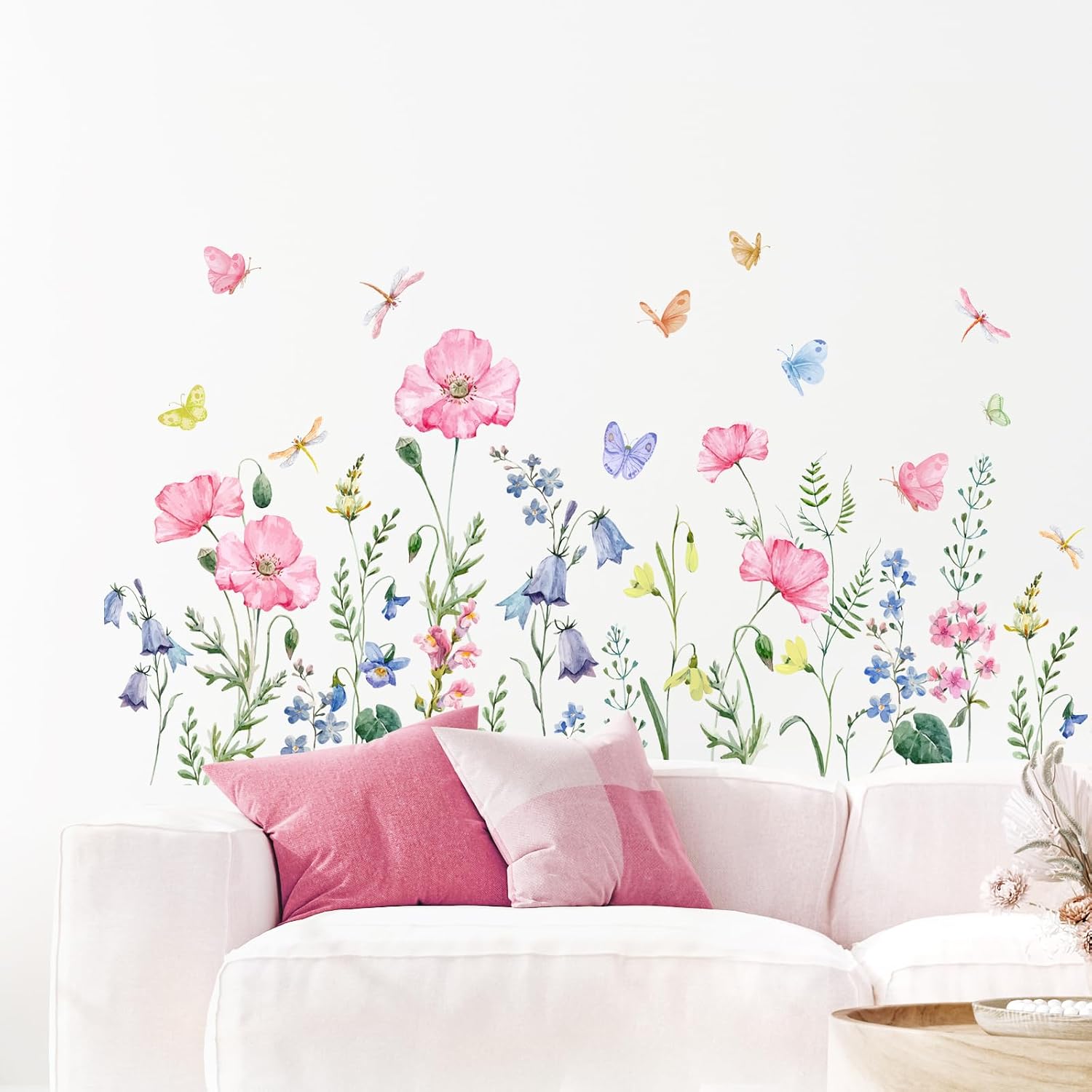 Watercolor Wildflower Wall Decals Colorful Garden Flower Grass Butterflies Wall / Pink Wildflower