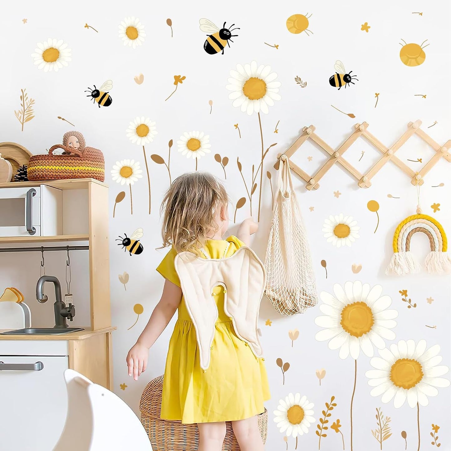 Daisy Floral Wall Stickers Boho Daisy Flower Vinyl Wall Decor for Baby Kids Bedroom / White&yellow