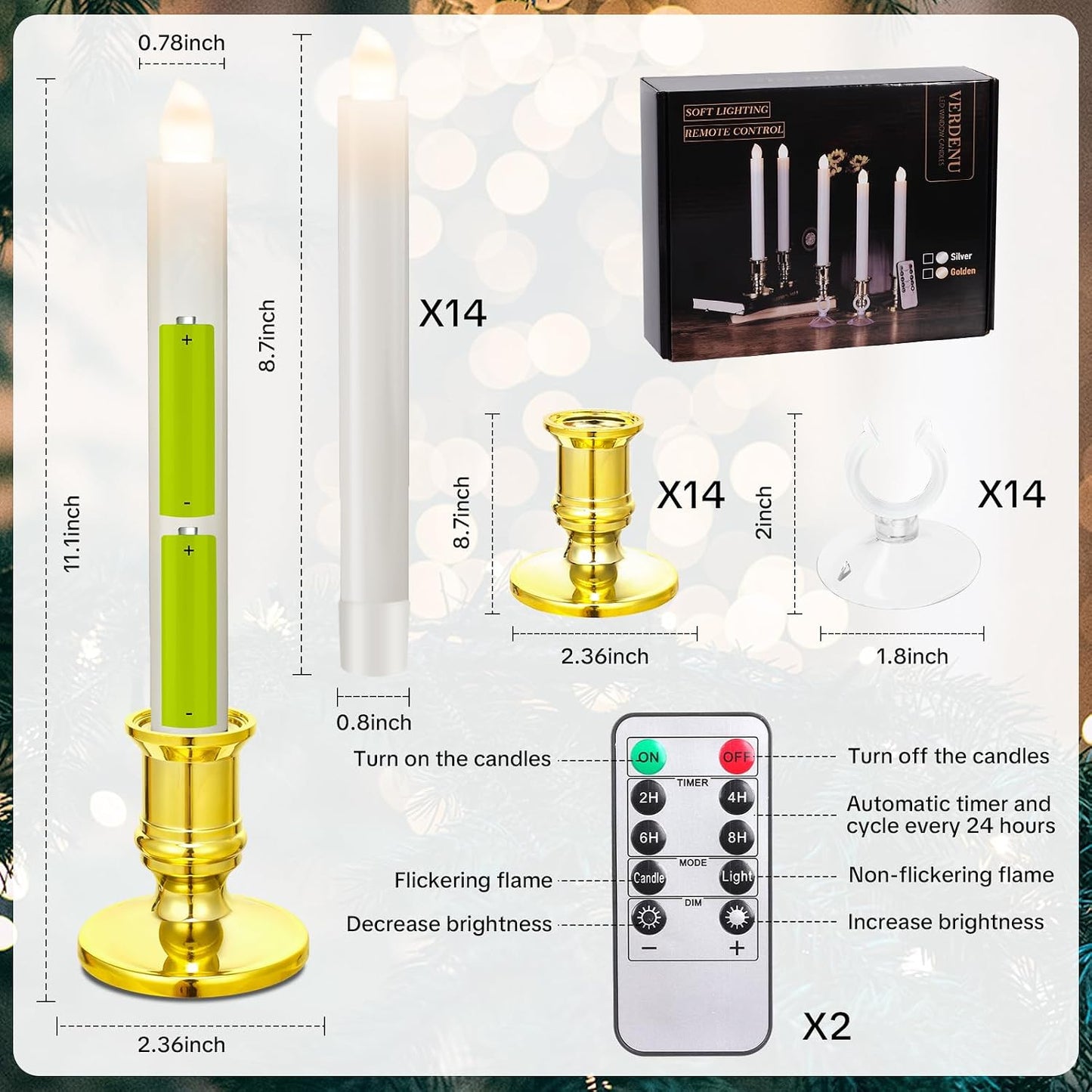 Verdenu 14 Pack Christmas Window Candles with 2 Remote Controls | Battery Operated Flameless Candles with 4 Timer