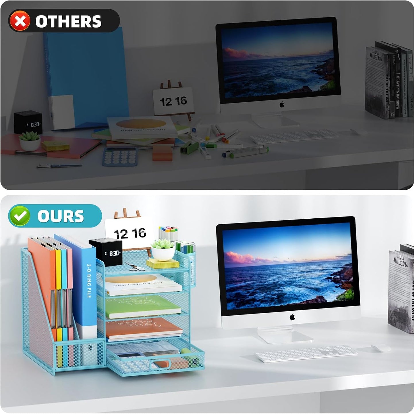 Marbrasse Desk Organizer with File Holder, 5-Tier Paper Letter Tray Organizer with Drawer and 2 Pen Holder, Mesh