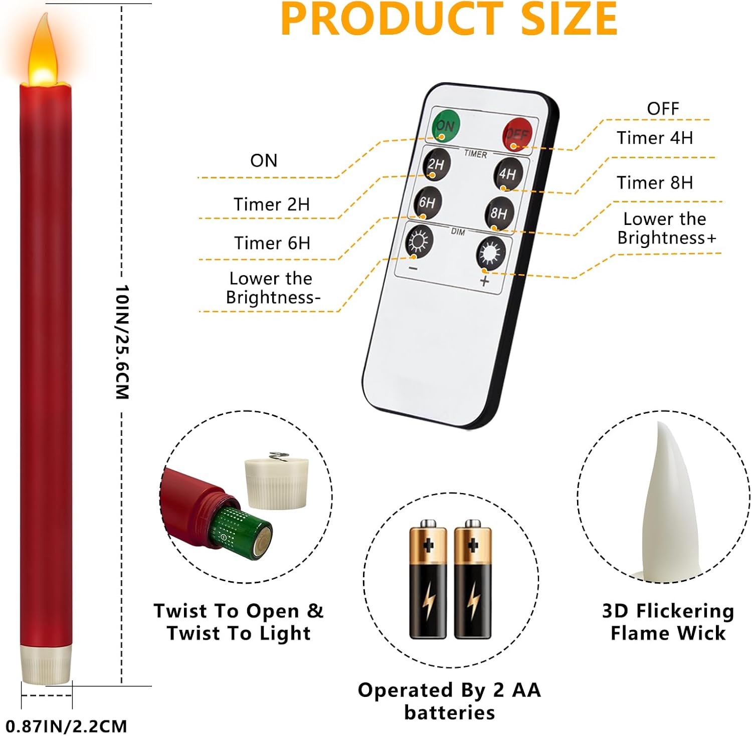 wemarry Flameless Taper Candles 10" Dripless Battery Operated Taper Candles Included Remote Timer 400+ Hours by 2AA