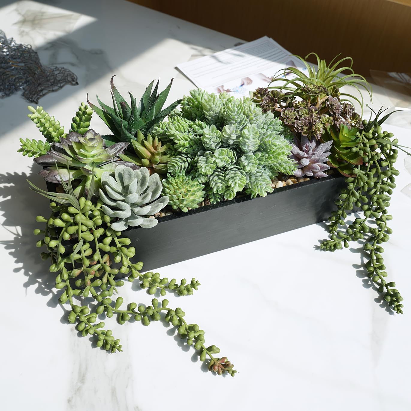 15" Artificial Succulents Arrangement Faux Succulents in Rectangular Wooden Planter Box Faux / Black