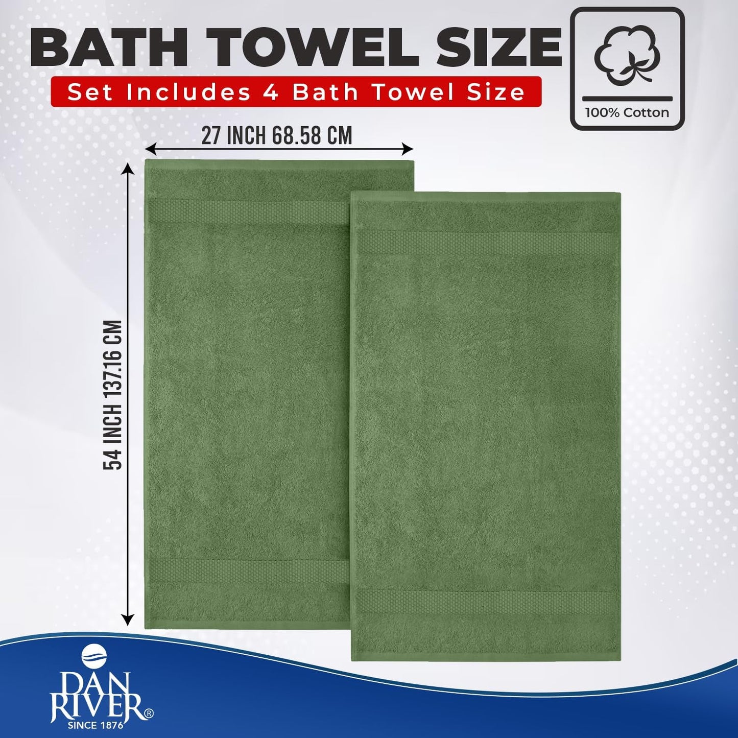 DAN RIVER 600 GSM Cotton Large Bath Towels Set of 4, 27 x 54 Inches, Green | Larger & Lighter Weight Towels for