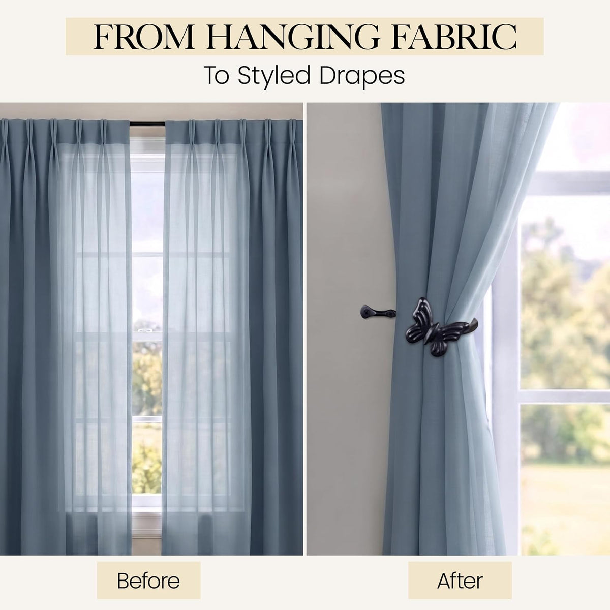 Metal Curtain Tiebacks, Drapery Holders for Wall, 2 Pcs | Farmhouse Wrought Iron Curtain Holdbacks, Ornamental Window